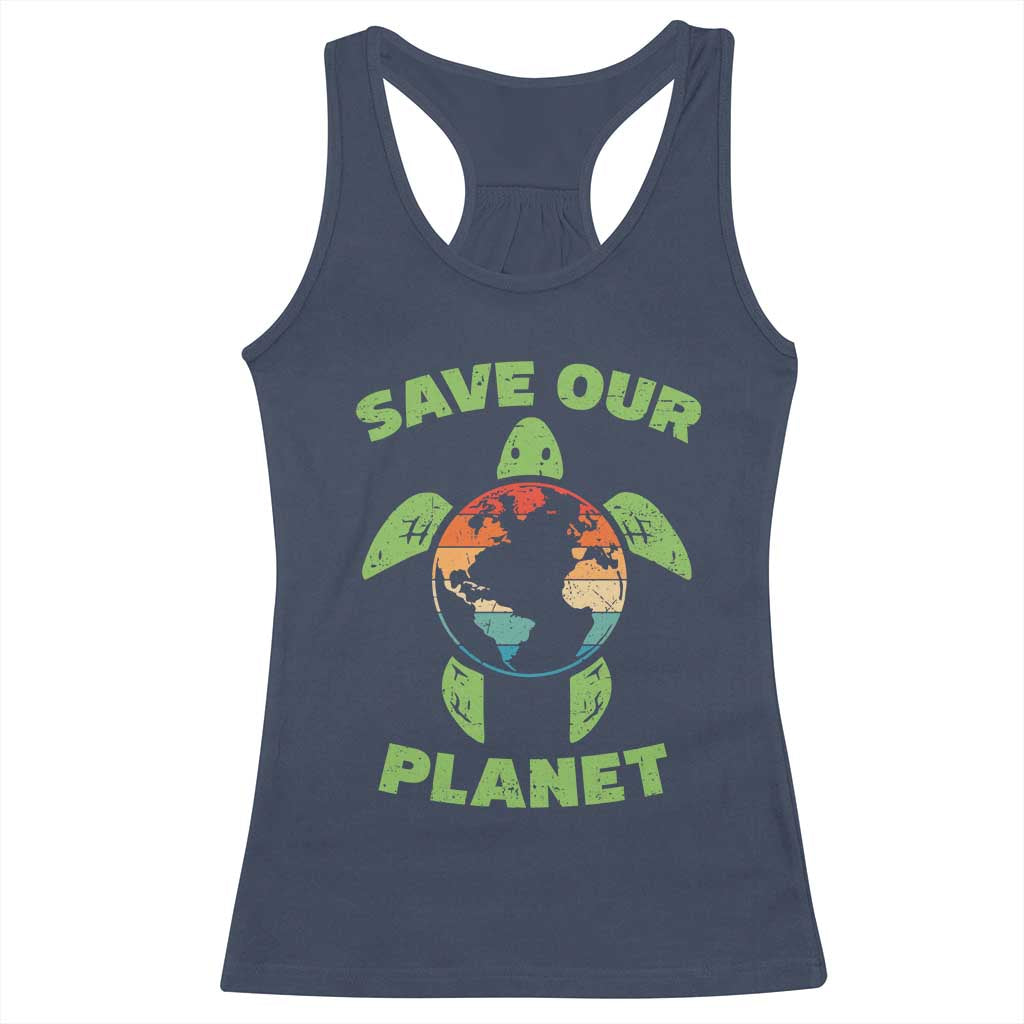 Retro Earth Day Racerback Tank Top Save Our Planet Sea Turtle Recycle Ocean Environment TS10 Navy Print Your Wear