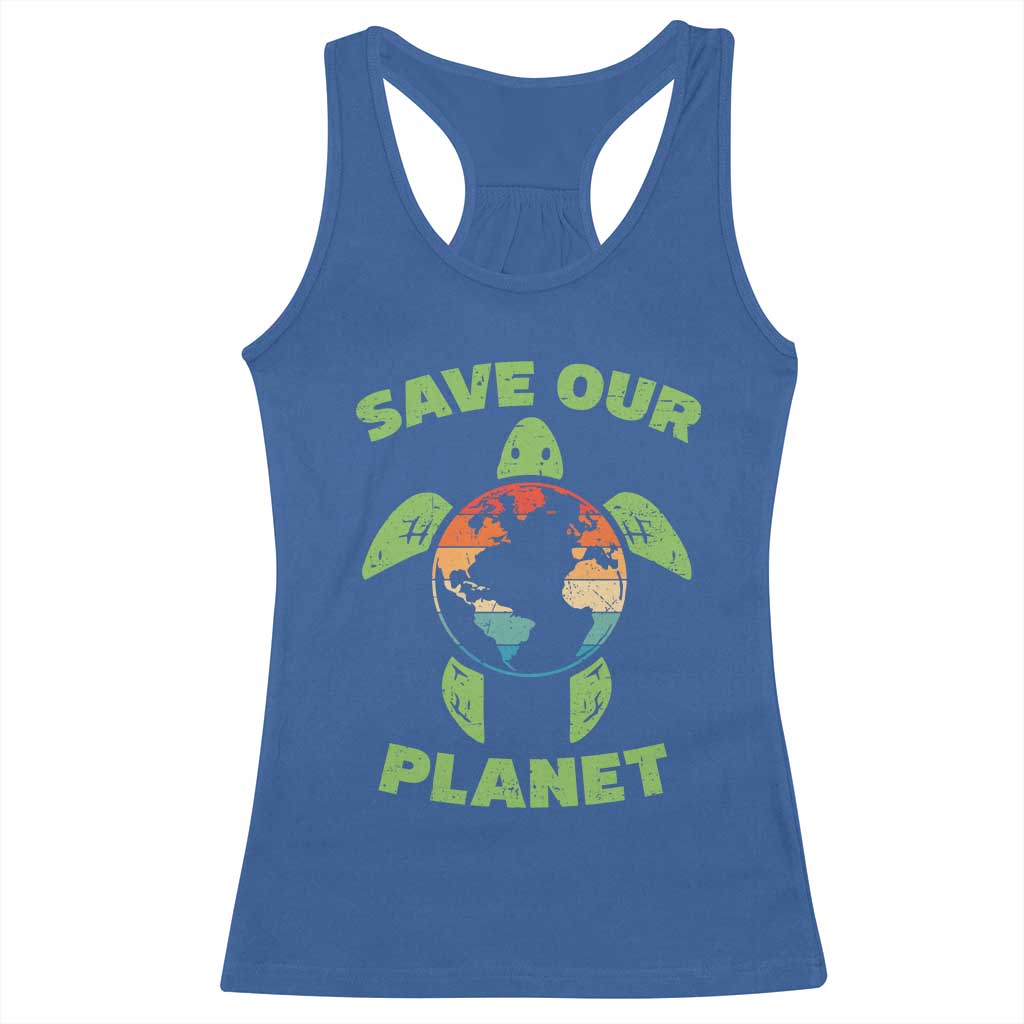 Retro Earth Day Racerback Tank Top Save Our Planet Sea Turtle Recycle Ocean Environment TS10 Royal Blue Print Your Wear