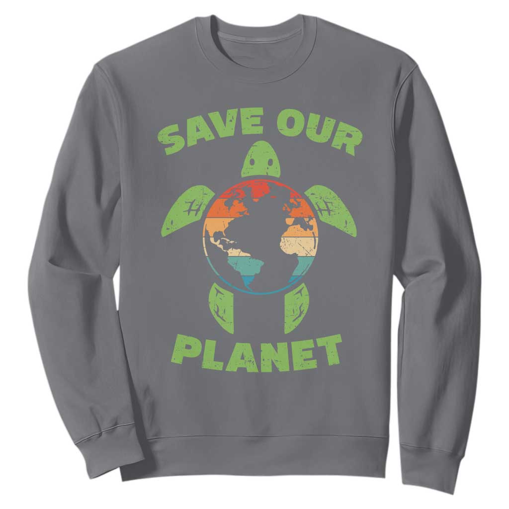 Retro Earth Day Sweatshirt Save Our Planet Sea Turtle Recycle Ocean Environment TS10 Charcoal Print Your Wear