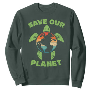 Retro Earth Day Sweatshirt Save Our Planet Sea Turtle Recycle Ocean Environment TS10 Dark Forest Green Print Your Wear