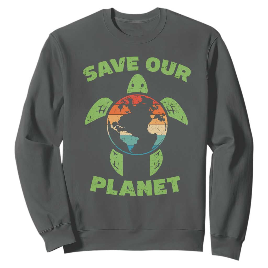 Retro Earth Day Sweatshirt Save Our Planet Sea Turtle Recycle Ocean Environment TS10 Dark Heather Print Your Wear