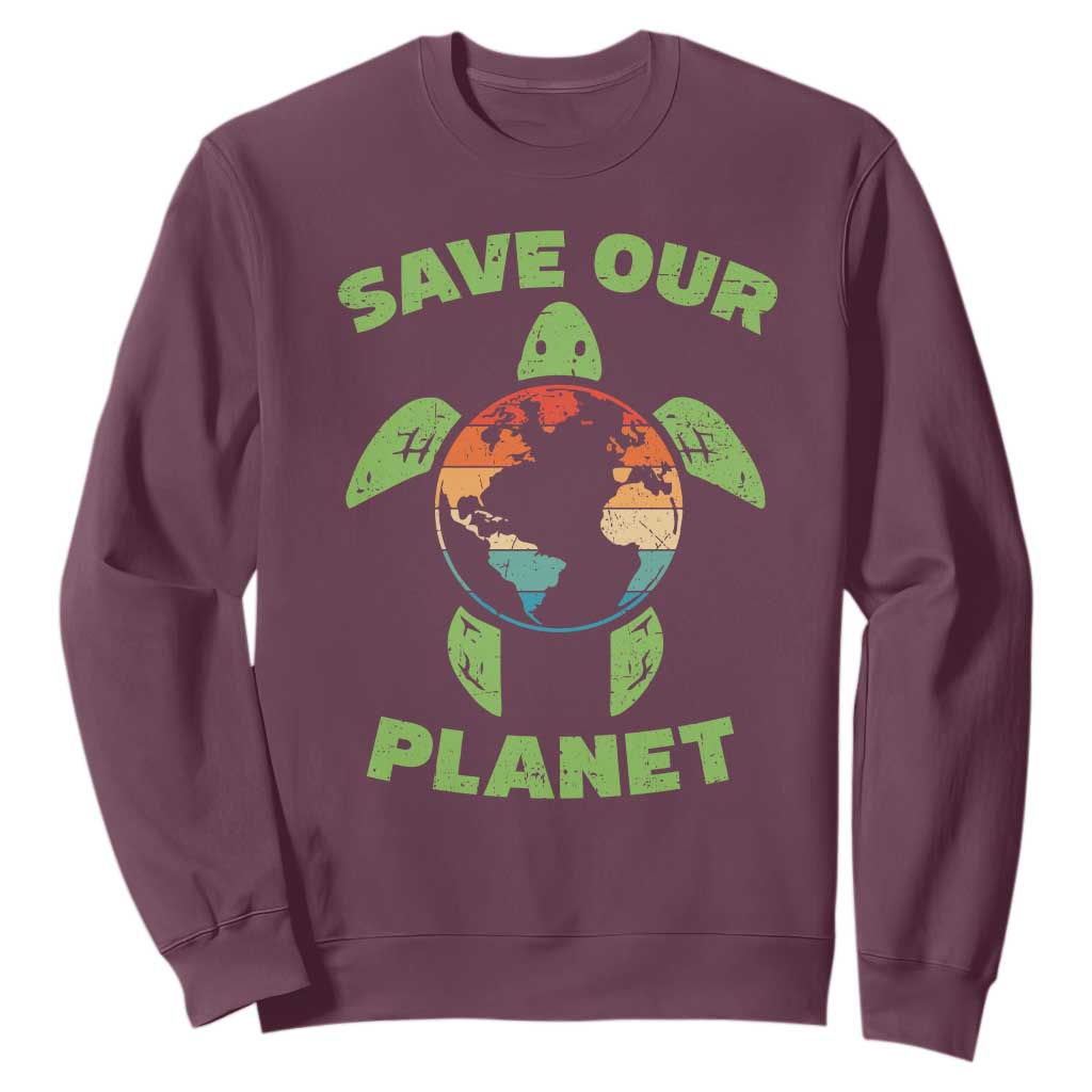 Retro Earth Day Sweatshirt Save Our Planet Sea Turtle Recycle Ocean Environment TS10 Maroon Print Your Wear