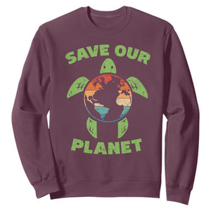 Retro Earth Day Sweatshirt Save Our Planet Sea Turtle Recycle Ocean Environment TS10 Maroon Print Your Wear