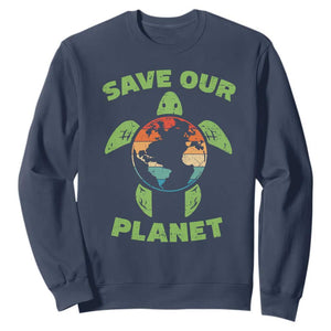Retro Earth Day Sweatshirt Save Our Planet Sea Turtle Recycle Ocean Environment TS10 Navy Print Your Wear