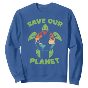 Retro Earth Day Sweatshirt Save Our Planet Sea Turtle Recycle Ocean Environment TS10 Royal Blue Print Your Wear