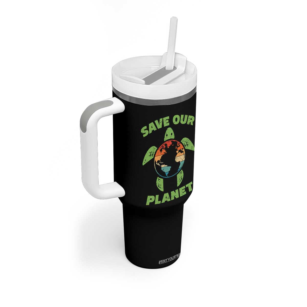 Retro Earth Day Tumbler With Handle Save Our Planet Sea Turtle Recycle Ocean Environment TS10 Print Your Wear