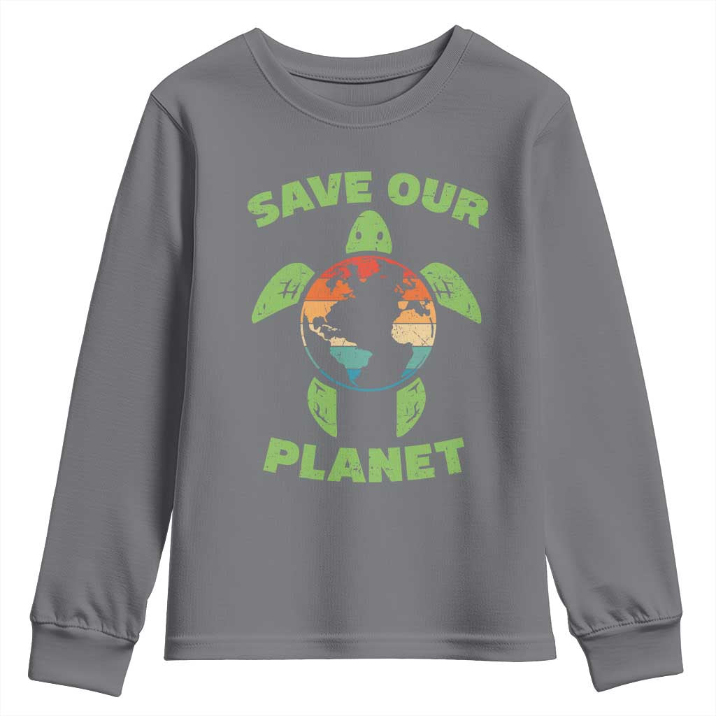 Retro Earth Day Youth Sweatshirt Save Our Planet Sea Turtle Recycle Ocean Environment TS10 Charcoal Print Your Wear