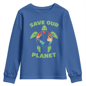 Retro Earth Day Youth Sweatshirt Save Our Planet Sea Turtle Recycle Ocean Environment TS10 Royal Blue Print Your Wear