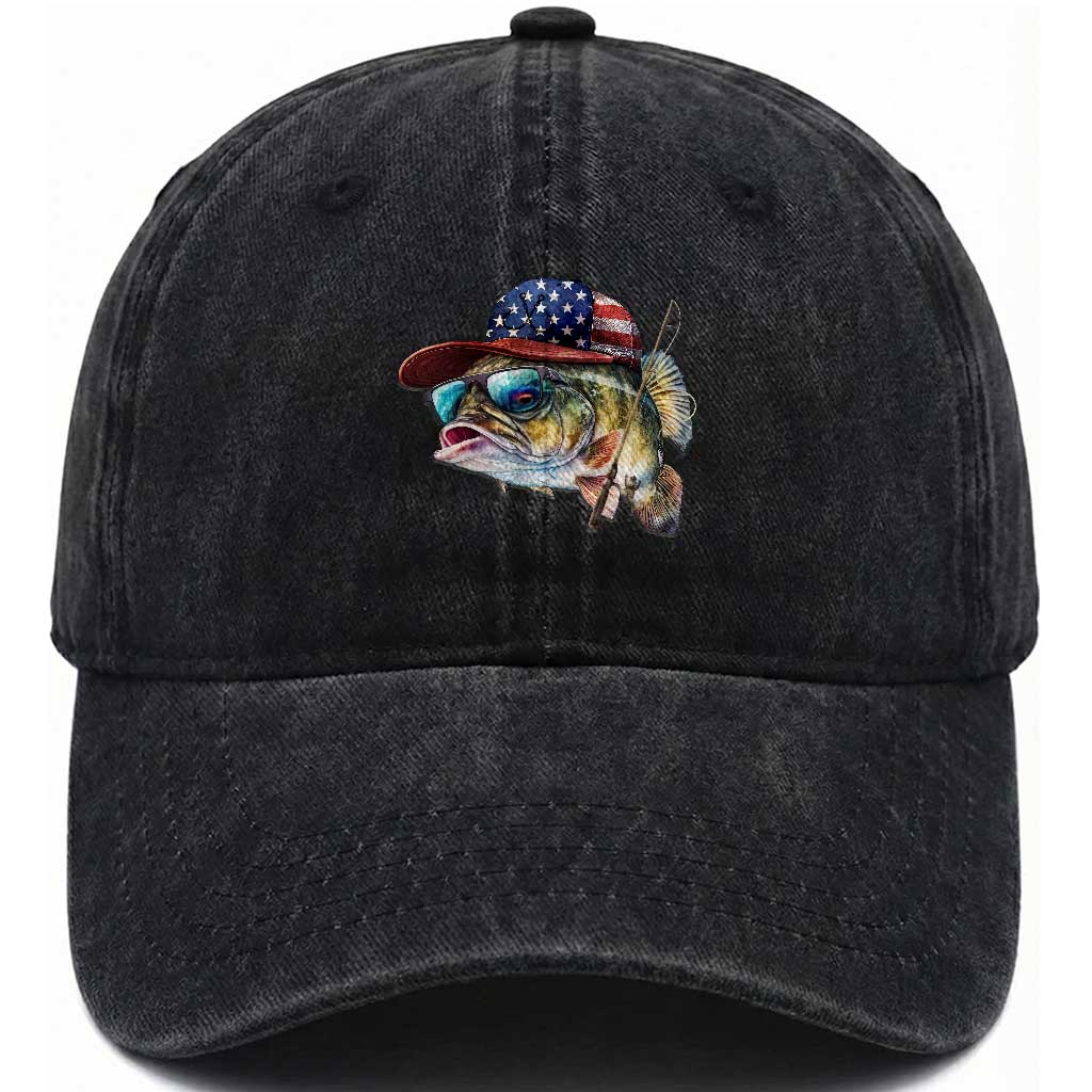 Funny Fishing American Flag Washed Cotton Baseball Cap Patriotic Fisherman Family Gift TS10 Washed Cap Universal Fit Black Print Your Wear
