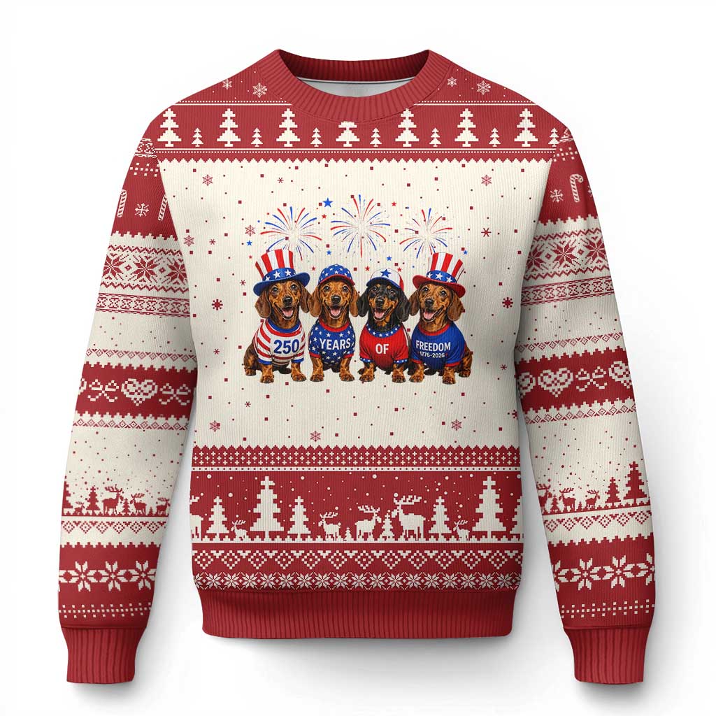 Vintage Patriotic Dachshund 250 Anniversary USA Ugly Christmas Sweater Freedom 250 Years Weiner Dog Lovers Dad Mom TS10 Beige Red Print Your Wear