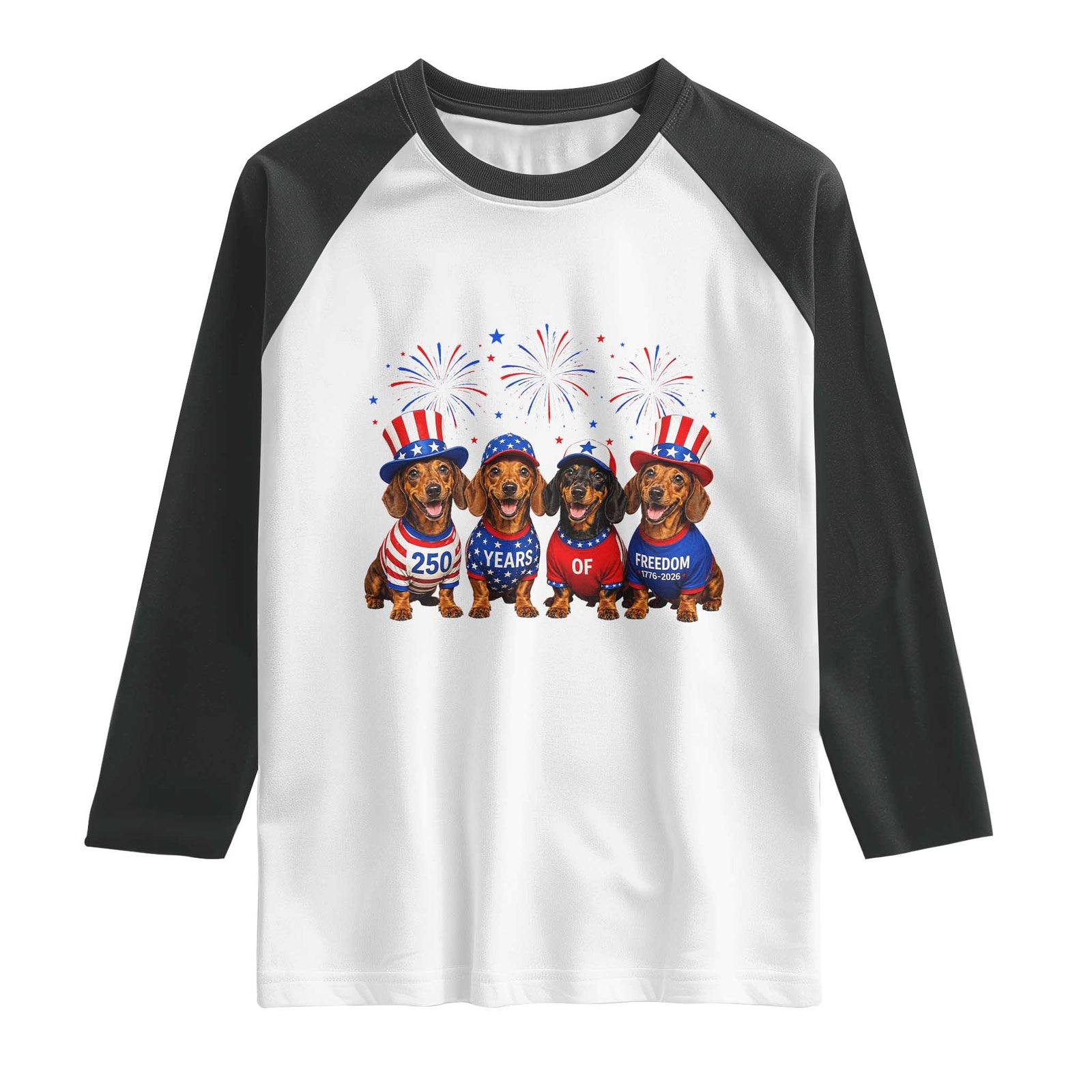 Vintage Patriotic Dachshund 250 Anniversary USA Raglan Shirt Freedom 250 Years Weiner Dog Lovers Dad Mom TS10 White Black Print Your Wear