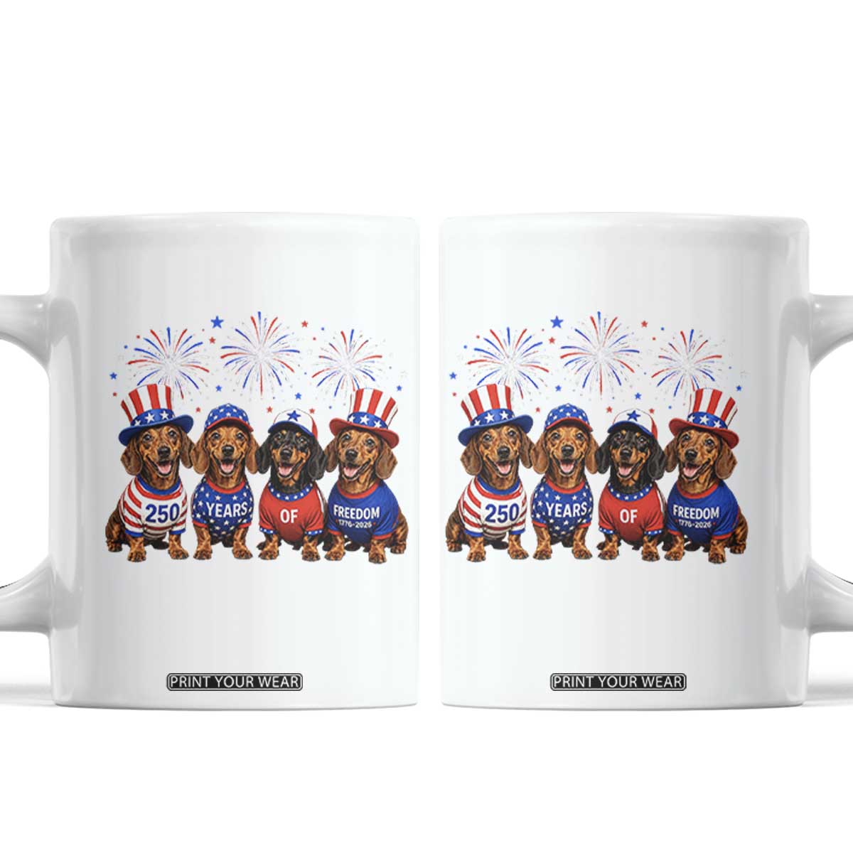 Vintage Patriotic Dachshund 250 Anniversary USA Coffee Mug Freedom 250 Years Weiner Dog Lovers Dad Mom TS10 White Print Your Wear