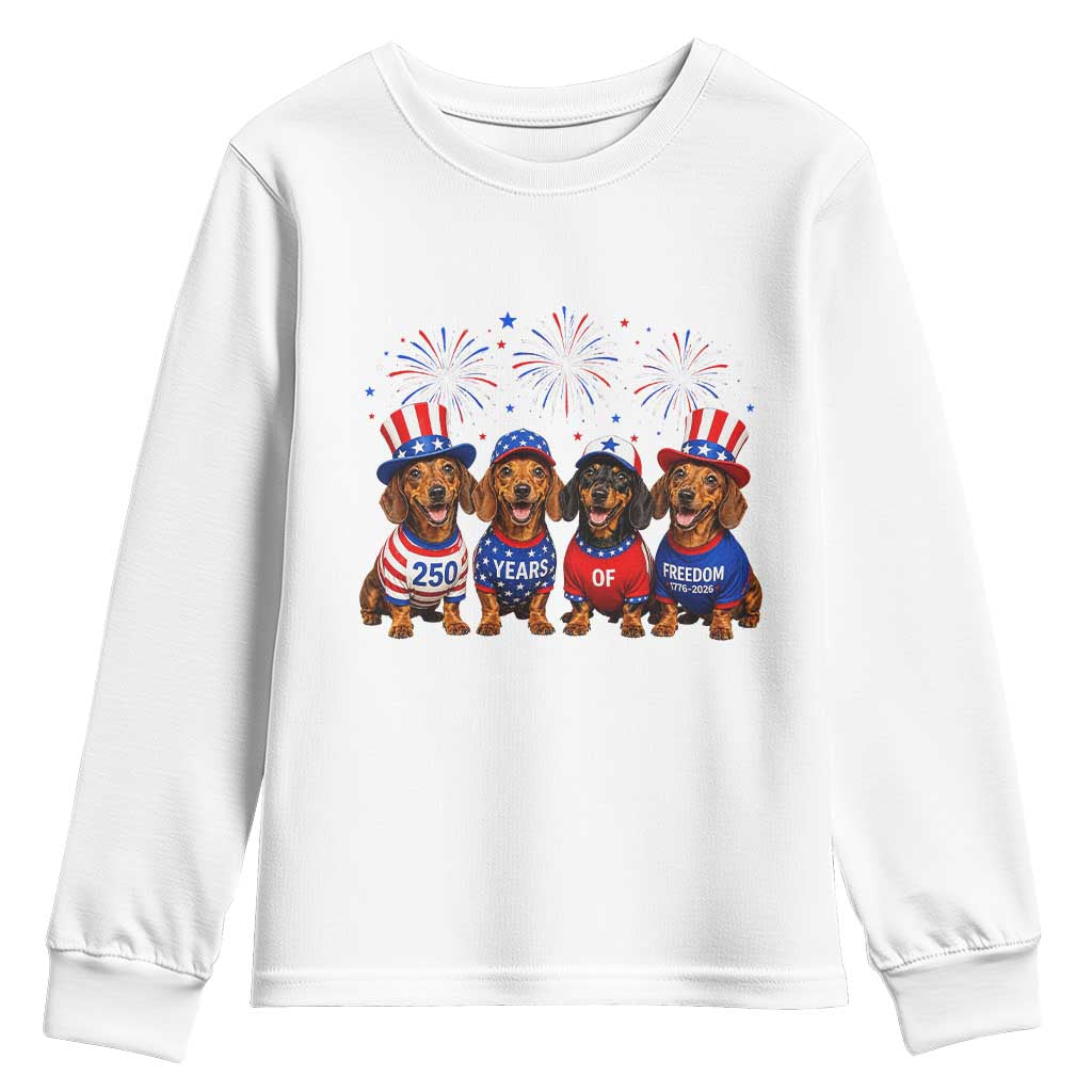 Vintage Patriotic Dachshund 250 Anniversary USA Youth Sweatshirt Freedom 250 Years Weiner Dog Lovers Dad Mom TS10 White Print Your Wear