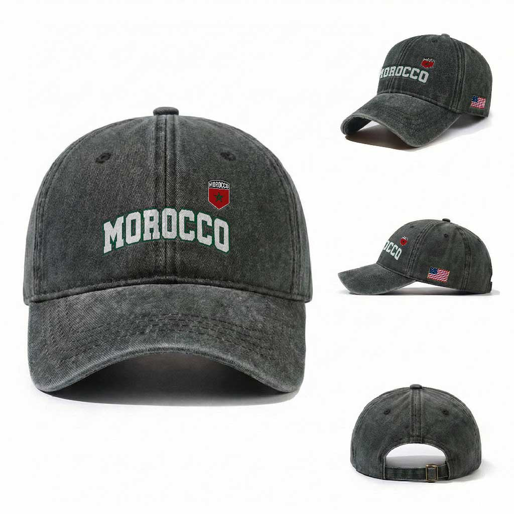 Morocco Moroccan Flag Vintage Pride Washed Cotton Baseball Cap TS10 Washed Cap Universal Fit Dark Green Print Your Wear