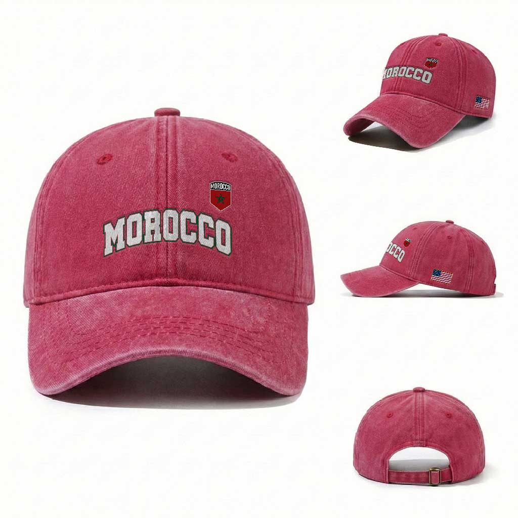 Morocco Moroccan Flag Vintage Pride Washed Cotton Baseball Cap TS10 Washed Cap Universal Fit Red Print Your Wear