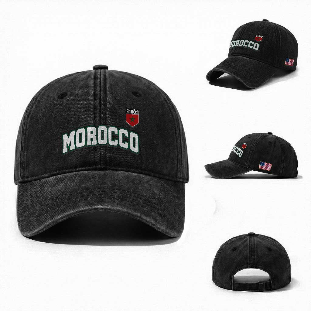 Morocco Moroccan Flag Vintage Pride Washed Cotton Baseball Cap TS10 Washed Cap Universal Fit Black Print Your Wear