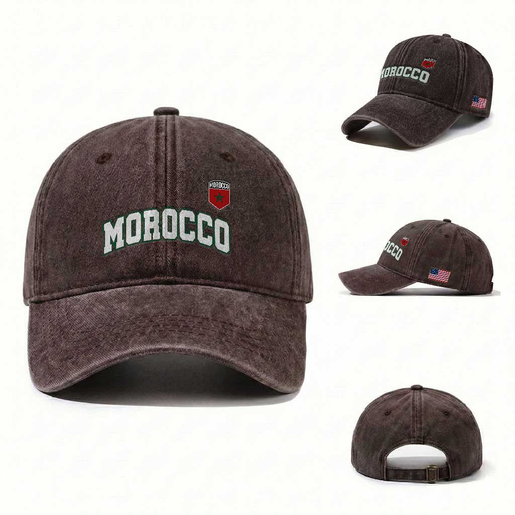 Morocco Moroccan Flag Vintage Pride Washed Cotton Baseball Cap TS10 Washed Cap Universal Fit Dark Brown Print Your Wear