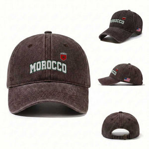 Morocco Moroccan Flag Vintage Pride Washed Cotton Baseball Cap TS10 Washed Cap Universal Fit Dark Brown Print Your Wear