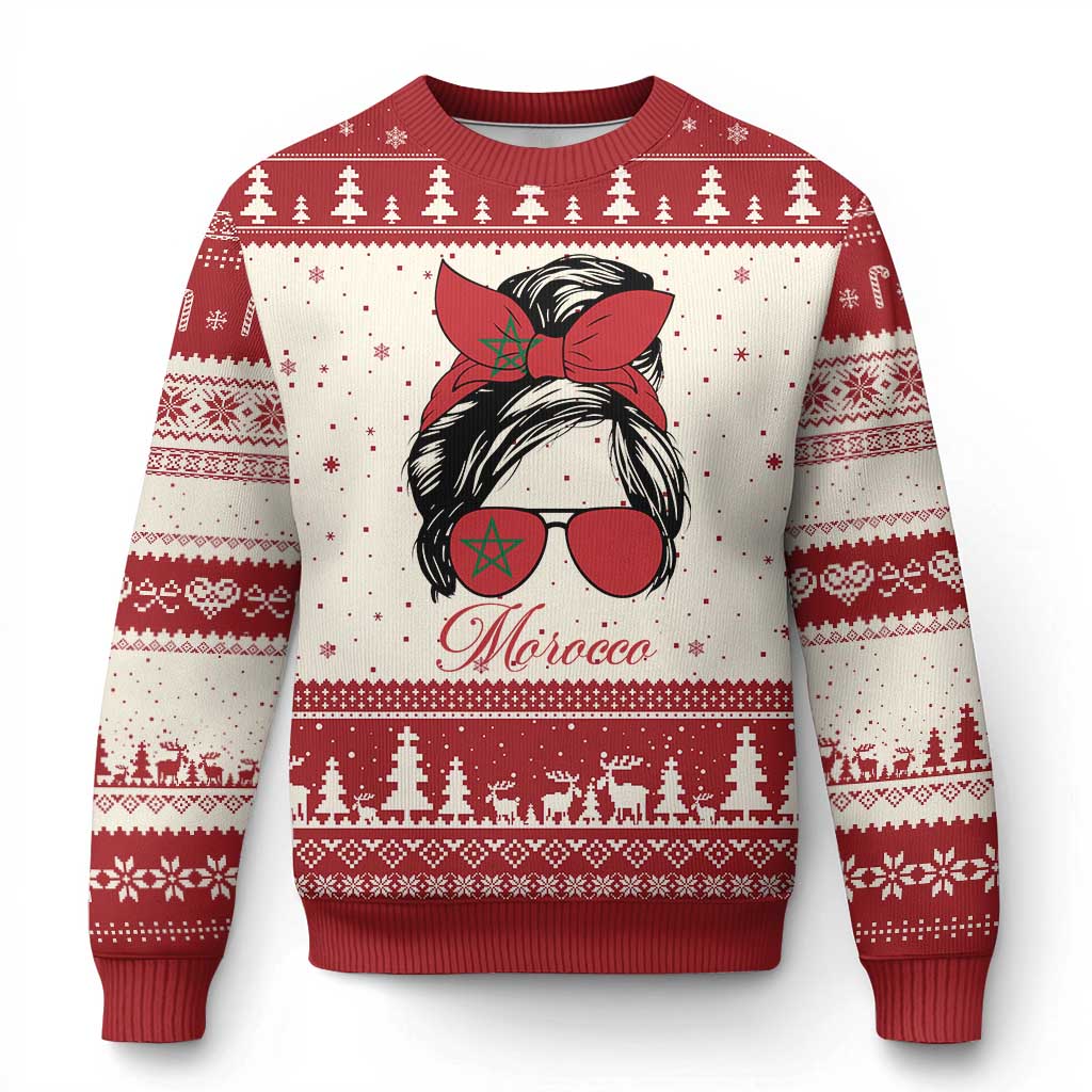 Morocco Girl Ugly Christmas Sweater Moroccan Princess Morocco Flag Messy Bun TS10 Beige Red Print Your Wear