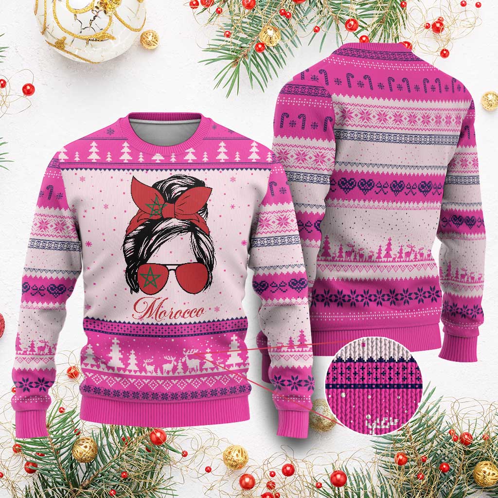 Morocco Girl Ugly Christmas Sweater Moroccan Princess Morocco Flag Messy Bun TS10 Hot Pink Print Your Wear