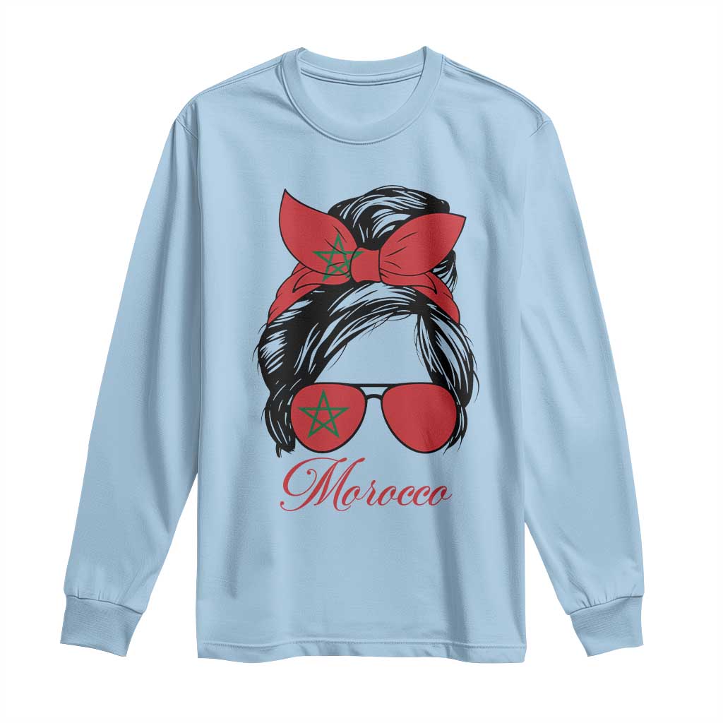 Morocco Girl Long Sleeve Shirt Moroccan Princess Morocco Flag Messy Bun TS10 Light Blue Print Your Wear