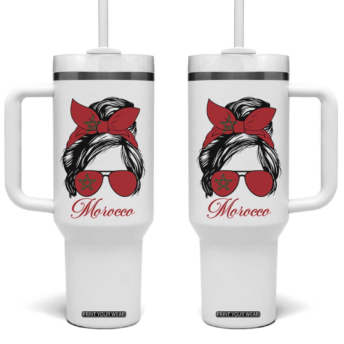 Morocco Girl Tumbler With Handle Moroccan Princess Morocco Flag Messy Bun TS10 One Size: 40 oz White Print Your Wear
