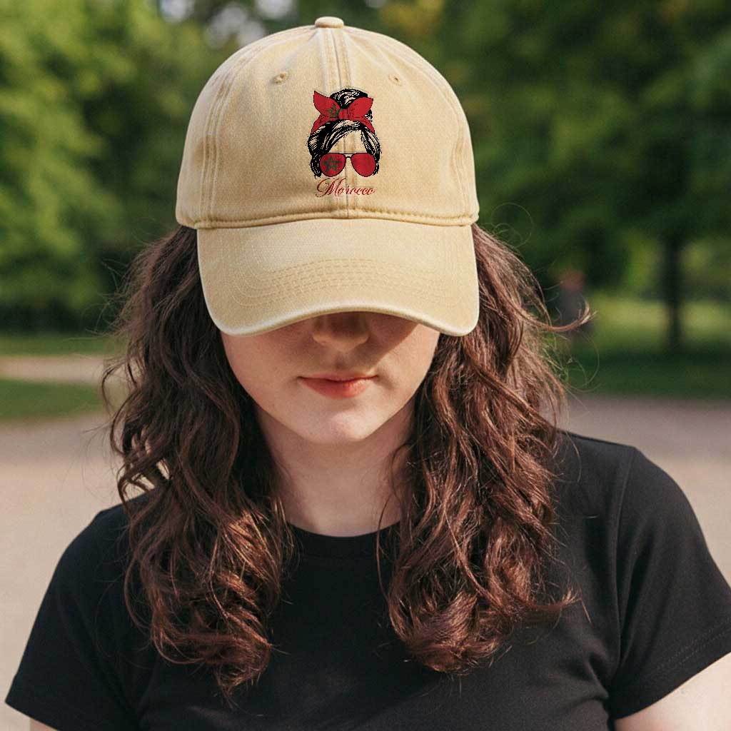 Morocco Girl Washed Cotton Baseball Cap Moroccan Princess Morocco Flag Messy Bun TS10 Print Your Wear