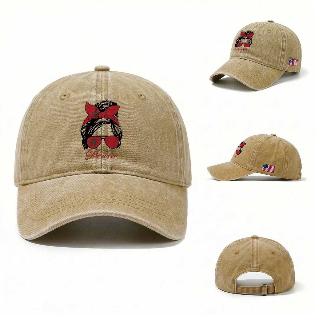 Morocco Girl Washed Cotton Baseball Cap Moroccan Princess Morocco Flag Messy Bun TS10 Washed Cap Universal Fit Khaki Print Your Wear