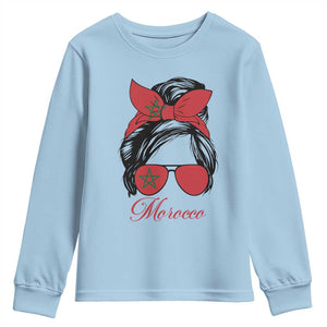 Morocco Girl Youth Sweatshirt Moroccan Princess Morocco Flag Messy Bun TS10 Light Blue Print Your Wear