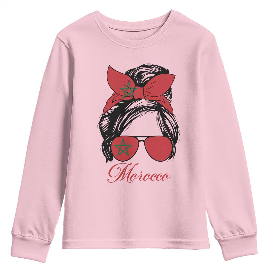 Morocco Girl Youth Sweatshirt Moroccan Princess Morocco Flag Messy Bun TS10 Light Pink Print Your Wear
