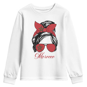 Morocco Girl Youth Sweatshirt Moroccan Princess Morocco Flag Messy Bun TS10 White Print Your Wear