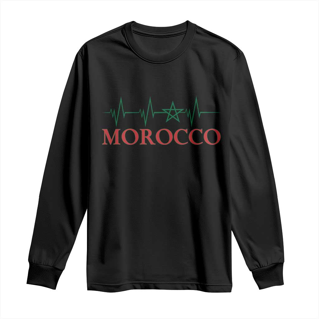 Morocco Long Sleeve Shirt Heartbeat Green Star Patriotic Pride Gift for Proud Moroccan TS10 Black Print Your Wear