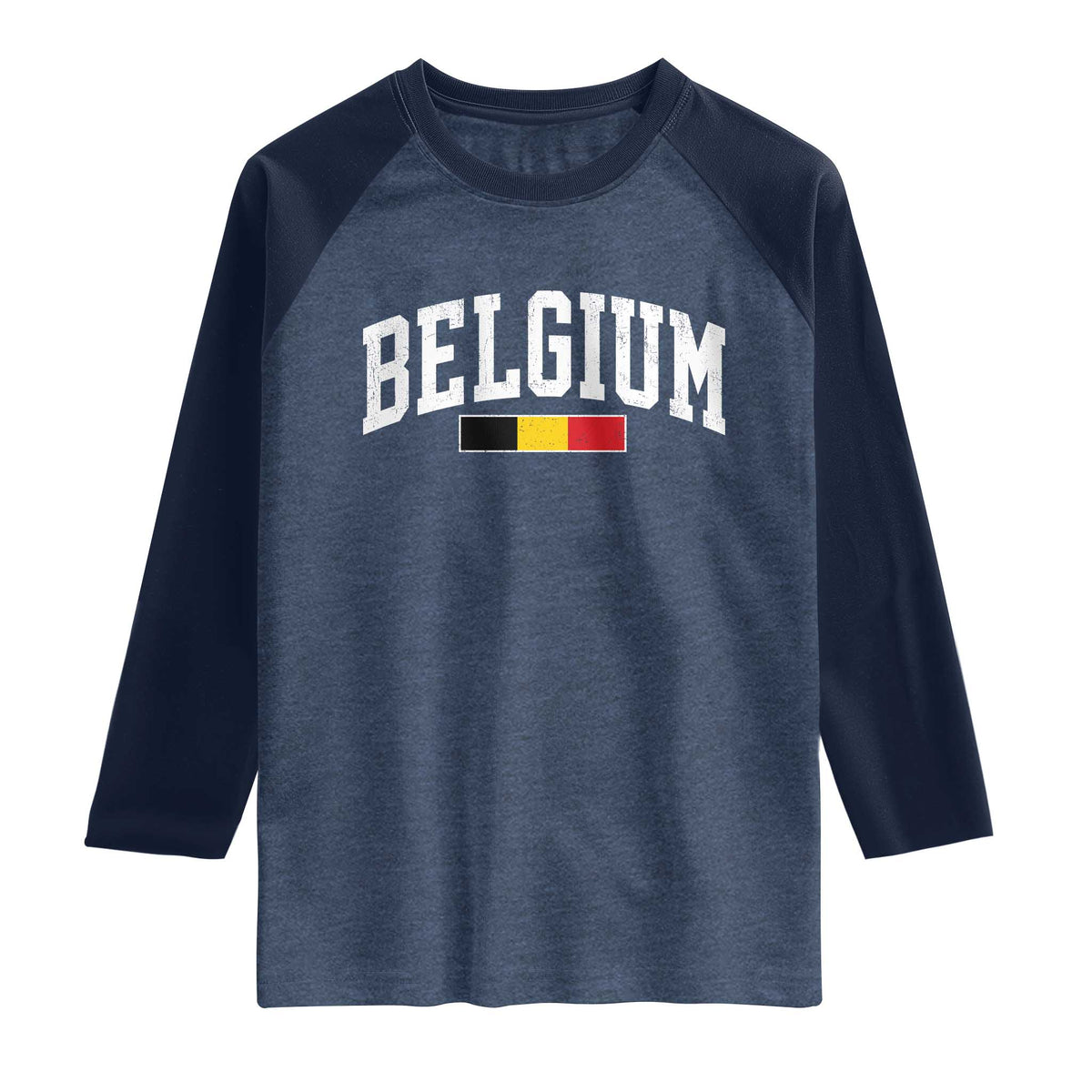 Vintage Belgium Flag Graphic Raglan Shirt Belgian Pride Patriotic Gift TS10 Heather Denim Navy Print Your Wear