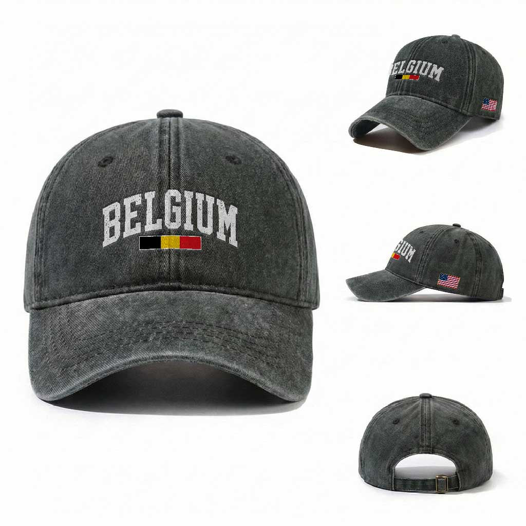 Vintage Belgium Flag Graphic Washed Cotton Baseball Cap Belgian Pride Patriotic Gift TS10 Washed Cap Universal Fit Dark Green Print Your Wear