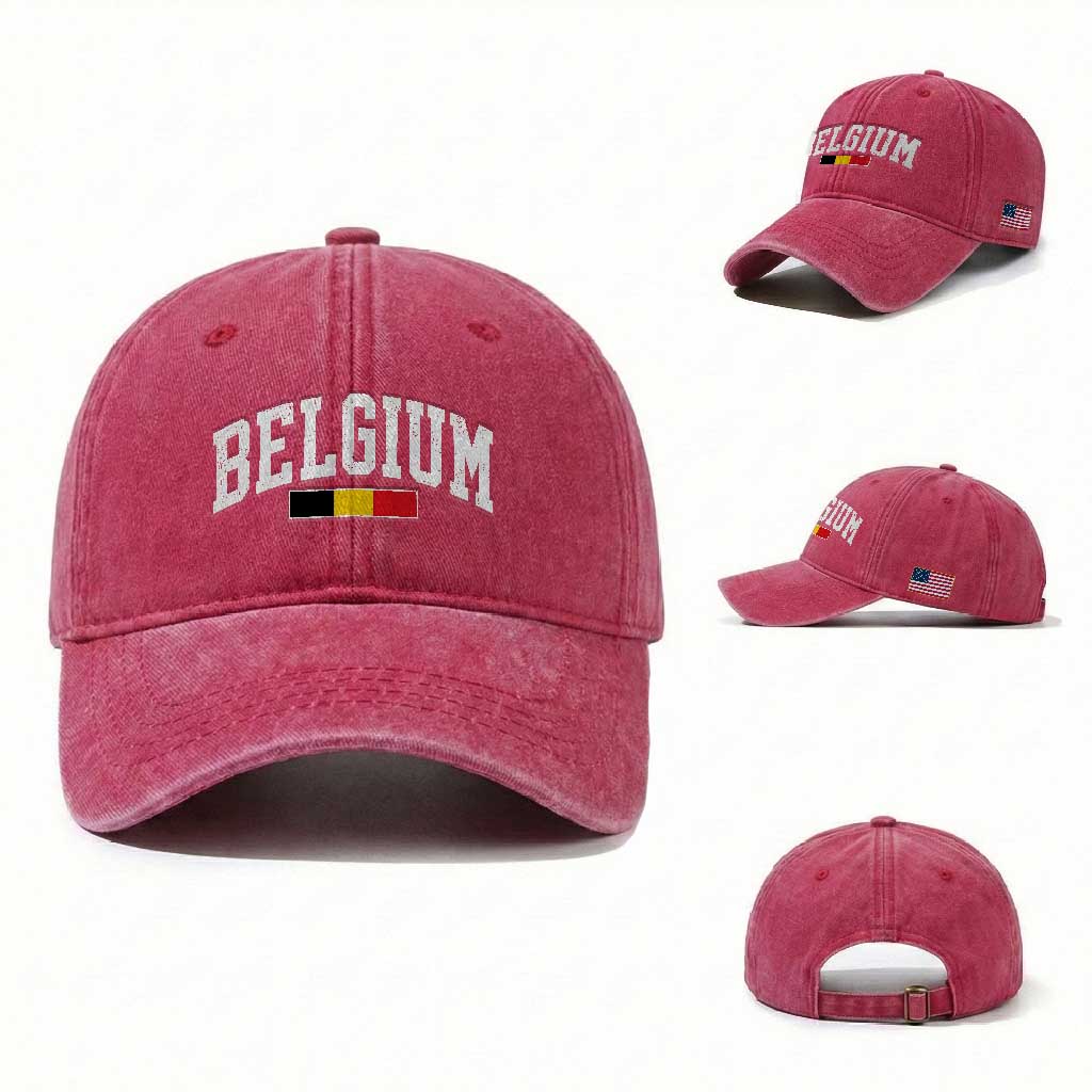 Vintage Belgium Flag Graphic Washed Cotton Baseball Cap Belgian Pride Patriotic Gift TS10 Washed Cap Universal Fit Red Print Your Wear