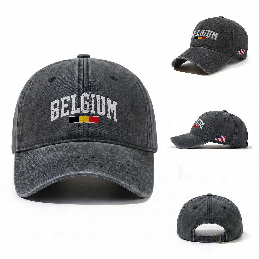 Vintage Belgium Flag Graphic Washed Cotton Baseball Cap Belgian Pride Patriotic Gift TS10 Washed Cap Universal Fit Dark Gray Print Your Wear
