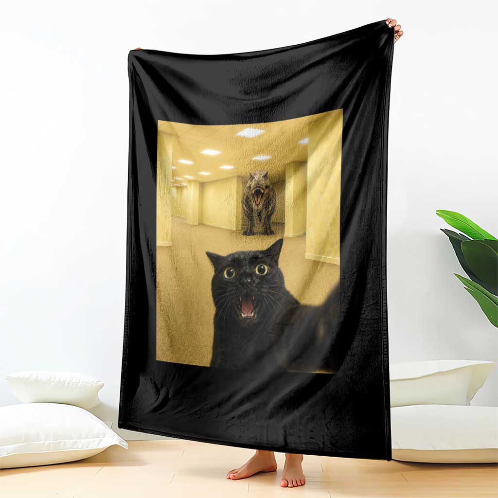 Black Cat Selfie with Dinosaur in The Backrooms Liminal Space Graphic Throw Blanket Liminal Space Urban Legend Meme TS10 Print Your Wear
