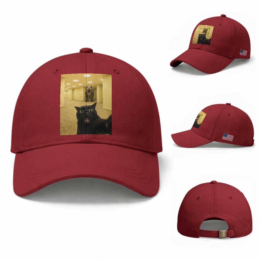 Black Cat Selfie with Dinosaur in The Backrooms Liminal Space Graphic Baseball Cap Liminal Space Urban Legend Meme TS10 Baseball Cap Universal Fit Cherry Red Print Your Wear