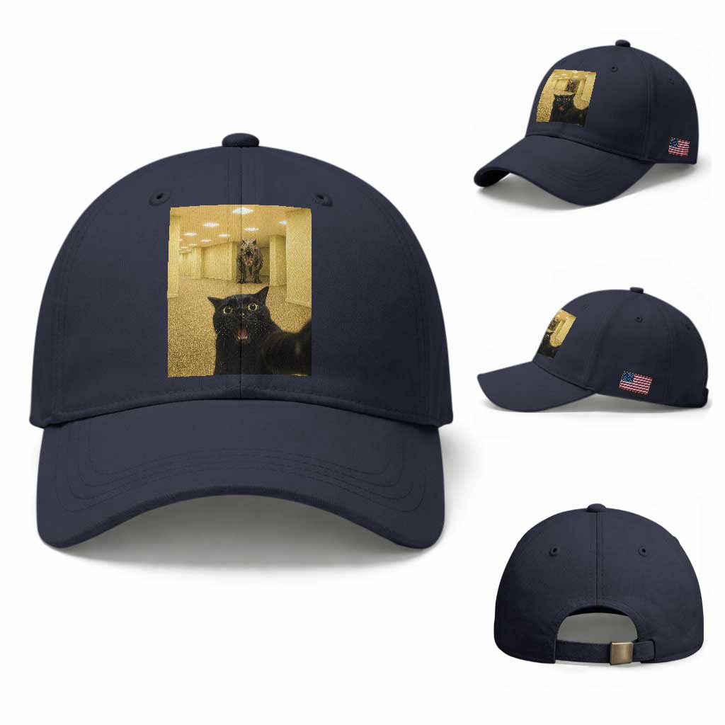 Black Cat Selfie with Dinosaur in The Backrooms Liminal Space Graphic Baseball Cap Liminal Space Urban Legend Meme TS10 Baseball Cap Universal Fit Navy Print Your Wear