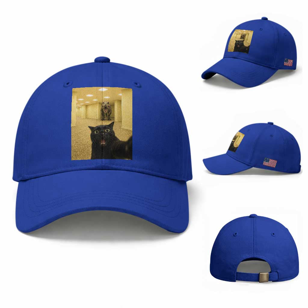 Black Cat Selfie with Dinosaur in The Backrooms Liminal Space Graphic Baseball Cap Liminal Space Urban Legend Meme TS10 Baseball Cap Universal Fit Royal Blue Print Your Wear