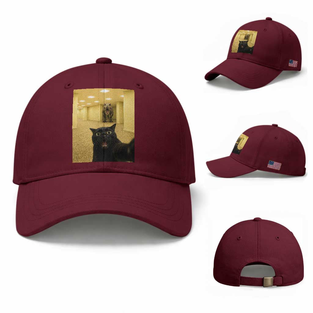 Black Cat Selfie with Dinosaur in The Backrooms Liminal Space Graphic Baseball Cap Liminal Space Urban Legend Meme TS10 Baseball Cap Universal Fit Maroon Print Your Wear