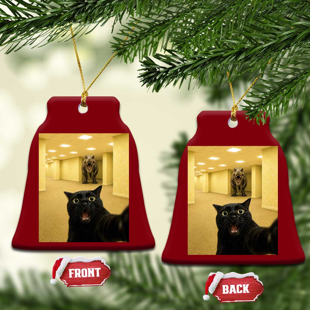 Black Cat Selfie with Dinosaur in The Backrooms Liminal Space Graphic Ceramic Ornament Liminal Space Urban Legend Meme TS10 Print Your Wear