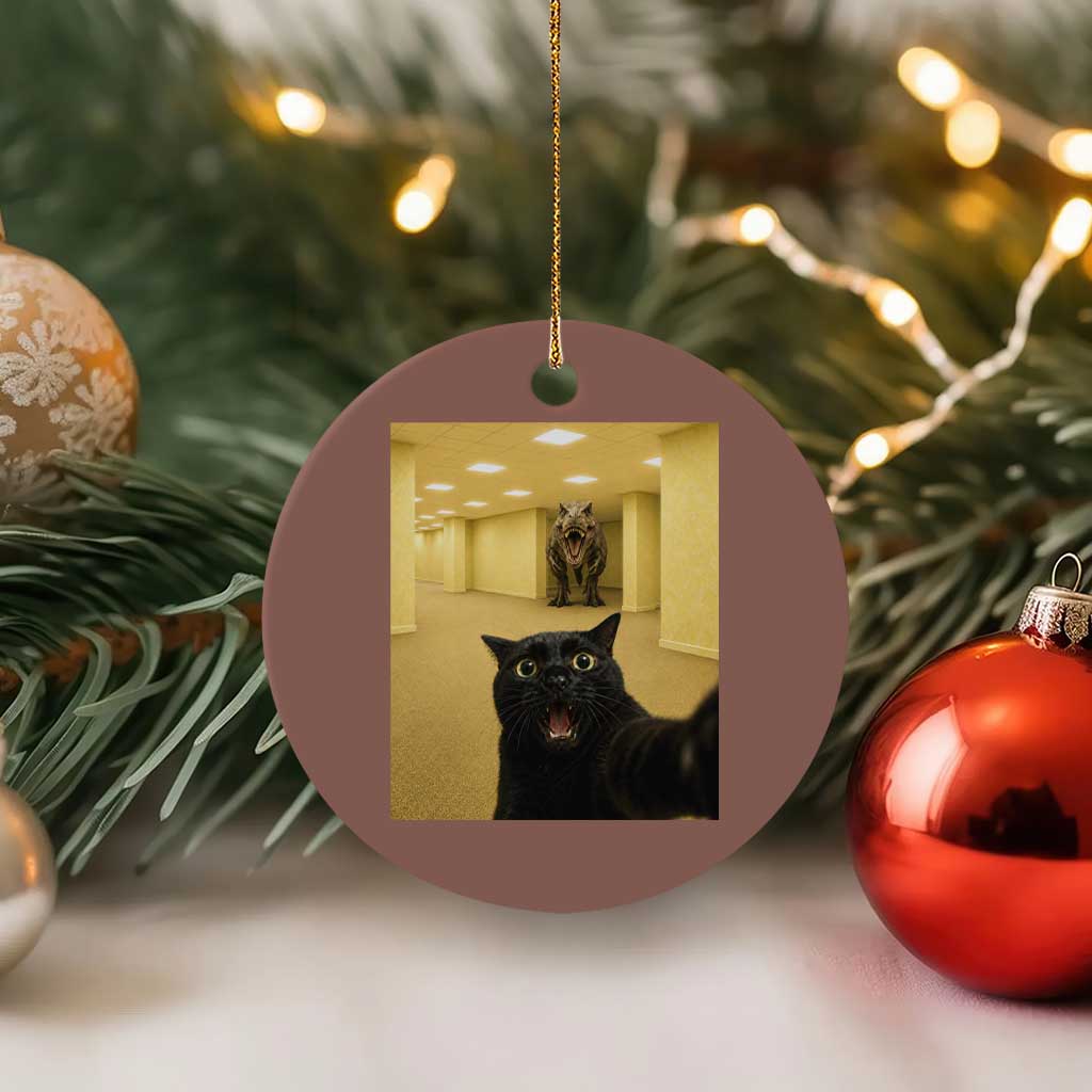 Black Cat Selfie with Dinosaur in The Backrooms Liminal Space Graphic Ceramic Ornament Liminal Space Urban Legend Meme TS10 1pc Mocha Print Your Wear