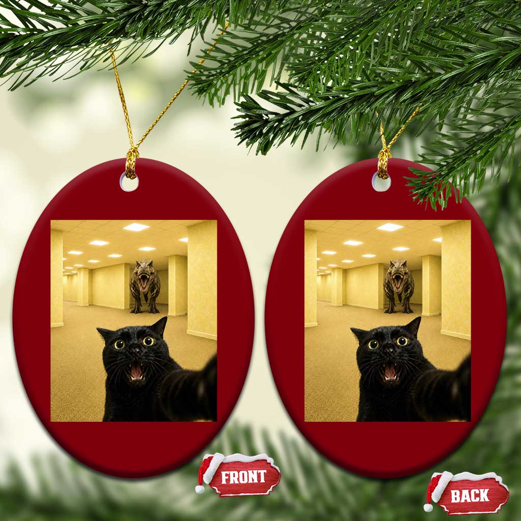 Black Cat Selfie with Dinosaur in The Backrooms Liminal Space Graphic Ceramic Ornament Liminal Space Urban Legend Meme TS10 Print Your Wear