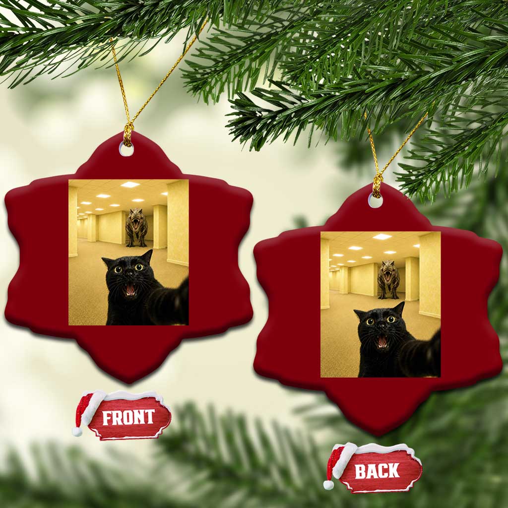 Black Cat Selfie with Dinosaur in The Backrooms Liminal Space Graphic Ceramic Ornament Liminal Space Urban Legend Meme TS10 Print Your Wear