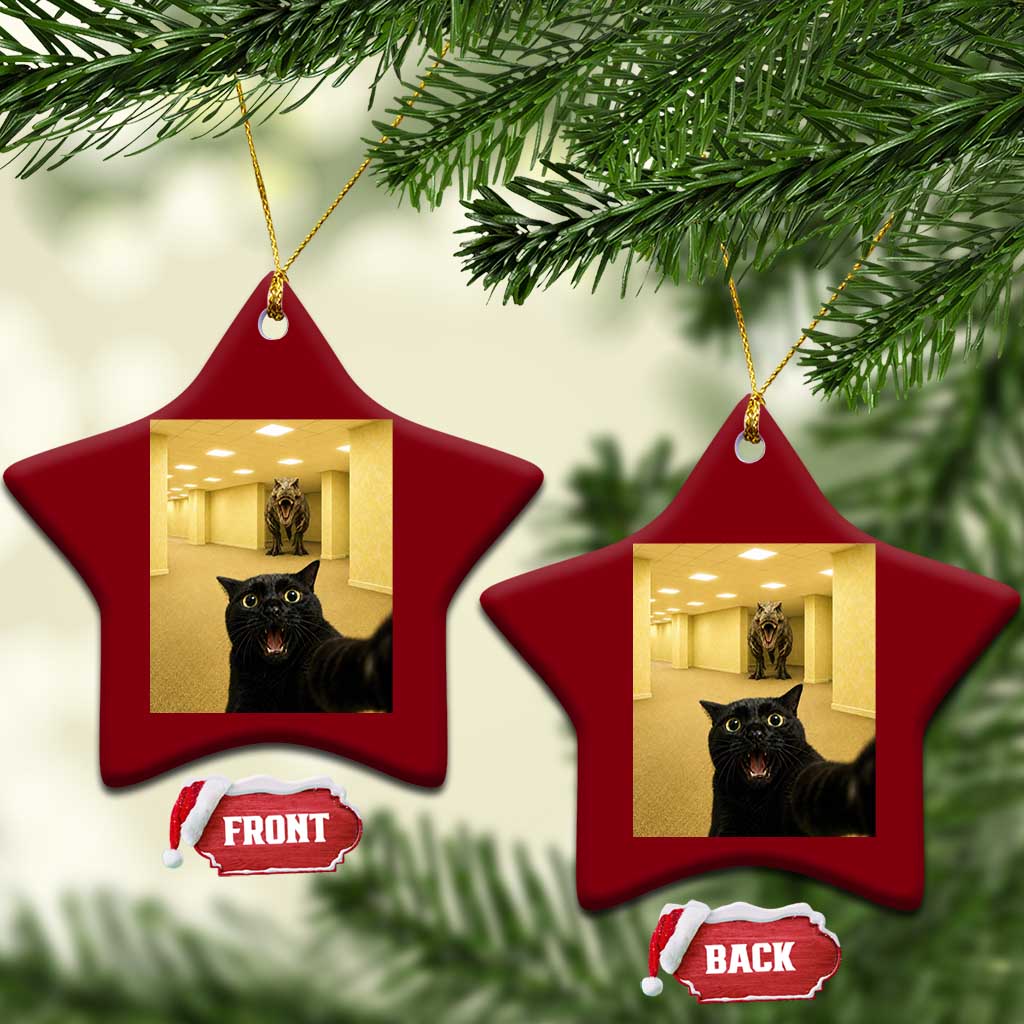Black Cat Selfie with Dinosaur in The Backrooms Liminal Space Graphic Ceramic Ornament Liminal Space Urban Legend Meme TS10 Print Your Wear