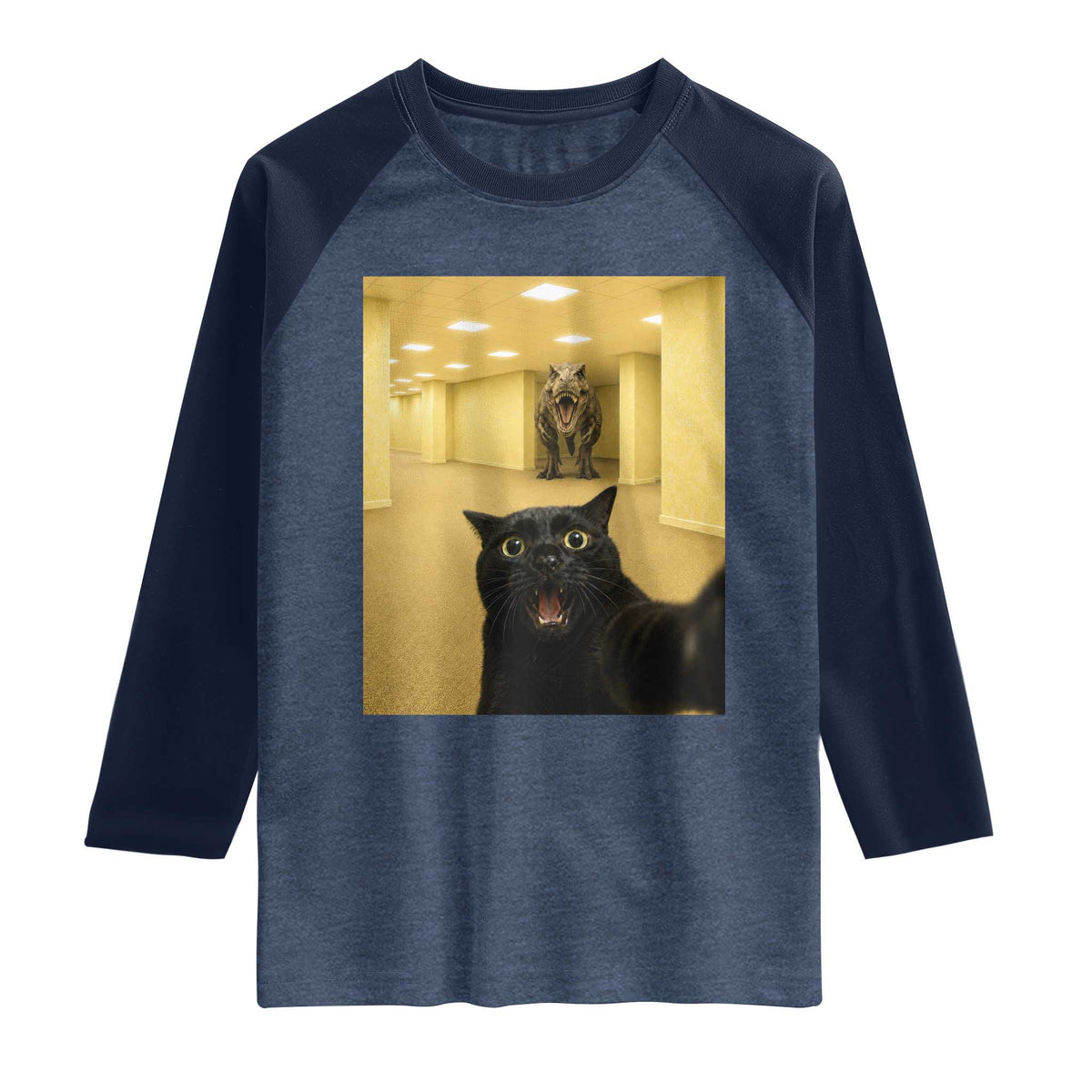 Black Cat Selfie with Dinosaur in The Backrooms Liminal Space Graphic Raglan Shirt Liminal Space Urban Legend Meme TS10 Heather Denim Navy Print Your Wear