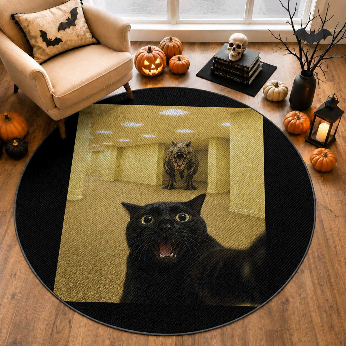 Black Cat Selfie with Dinosaur in The Backrooms Liminal Space Graphic Round Rug Liminal Space Urban Legend Meme
