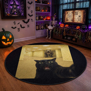 Black Cat Selfie with Dinosaur in The Backrooms Liminal Space Graphic Round Rug Liminal Space Urban Legend Meme