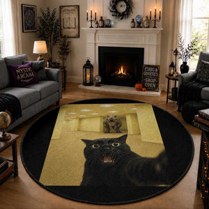 Black Cat Selfie with Dinosaur in The Backrooms Liminal Space Graphic Round Rug Liminal Space Urban Legend Meme